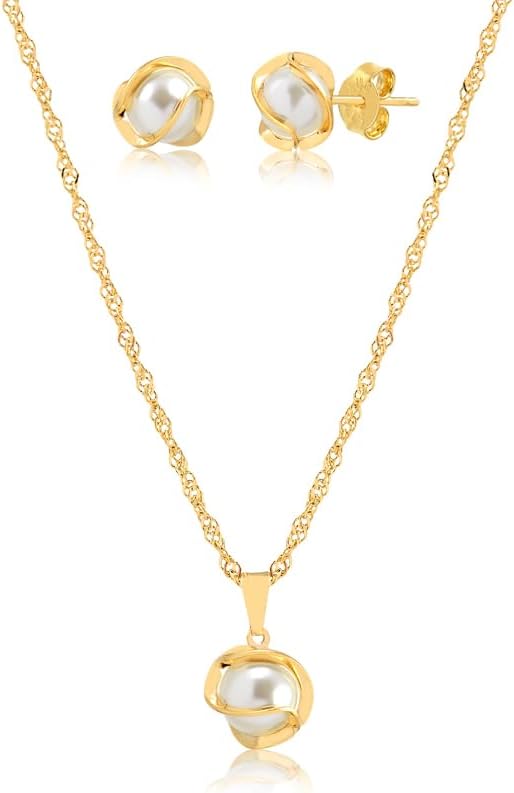 Conjunto Colar E Brinco Com Pingente de Pérola Folheado A Ouro 18k