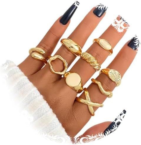 Conjunto de anéis grossos dourados para mulheres, exclusivos, não manchados, empilháveis, anéis prateados, grossos, irregulares, abertos, modernos, Liga de aço, Sem pedra preciosa