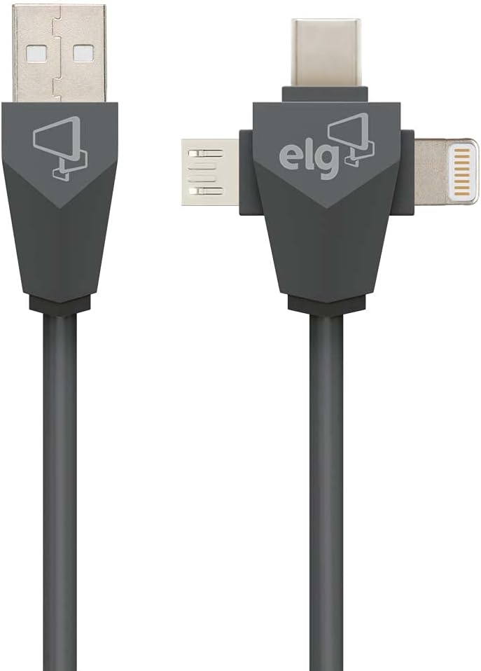 Cabo 3 em 1 para Recarga e Sincronização, Conector Lightning, USB Tipo-C e Micro USB, Suporta 12W e 2.4A, Comprimento 1.5m, Cinza, PW31C, ELG