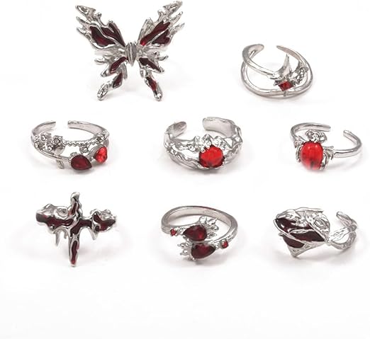 Anéis góticos vintage para mulheres, conjunto de anéis Kuncle vermelho, prata, punk, gótico, borboleta, cruz, coração, Y2K, abertura ajustável, cristal empilhável, joia de Halloween