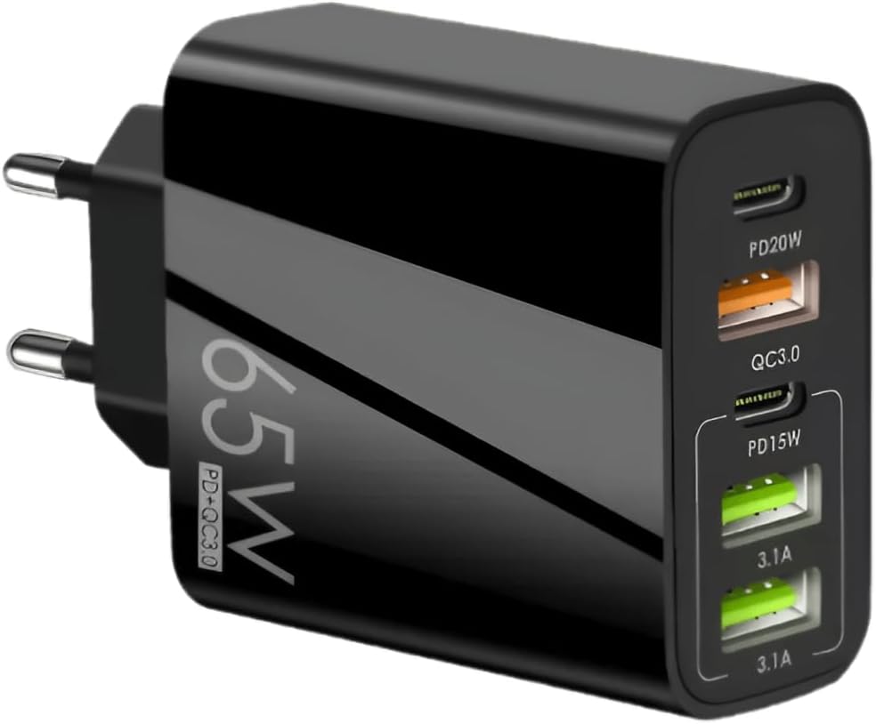 Carregador Turbo PD 65W 5 em 1 Fast Charge 3x USB-A 2x USB-C (Bivolt)