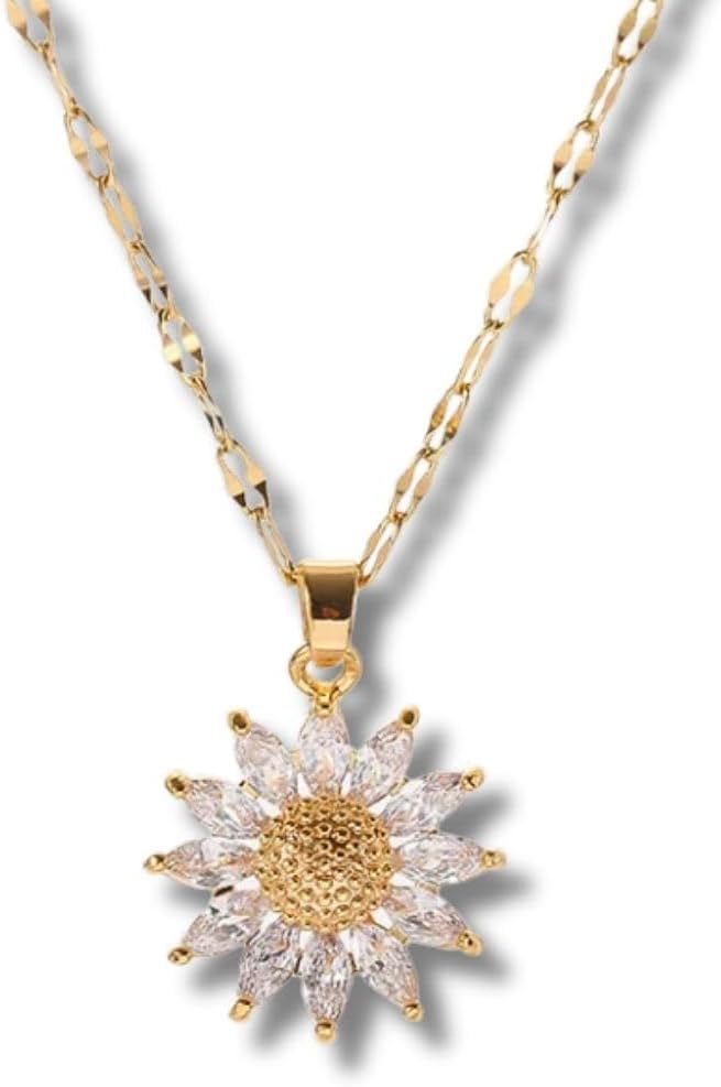 Colar Feminino Girassol Queen Banhado a Ouro 18k Pingente Girassol com Zircônias Gargantilha Correia Acessório Delicado Elegante e Sofisticado 40cm