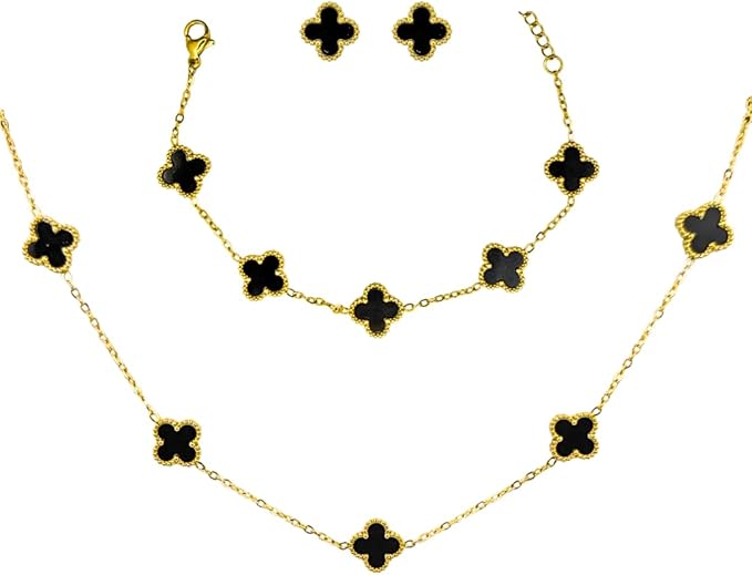 Kit Colar Choker Pulseira E Brinco Trevo Preto Gargantilha Sorte Luxo Elegante Virginia Aço Inox Dourado Inspire by Adriana