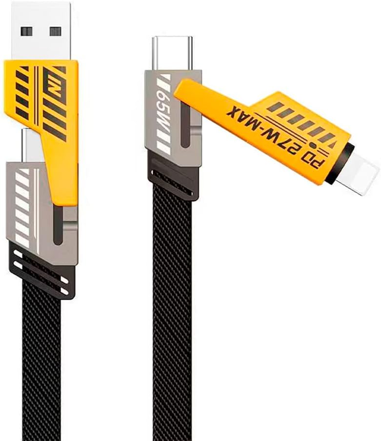 Cabo de Carregamento 4 em 1, USB para Tipo-C e Lightning, Compatível com Iphone e Samsung, 65W Turbo, Preto