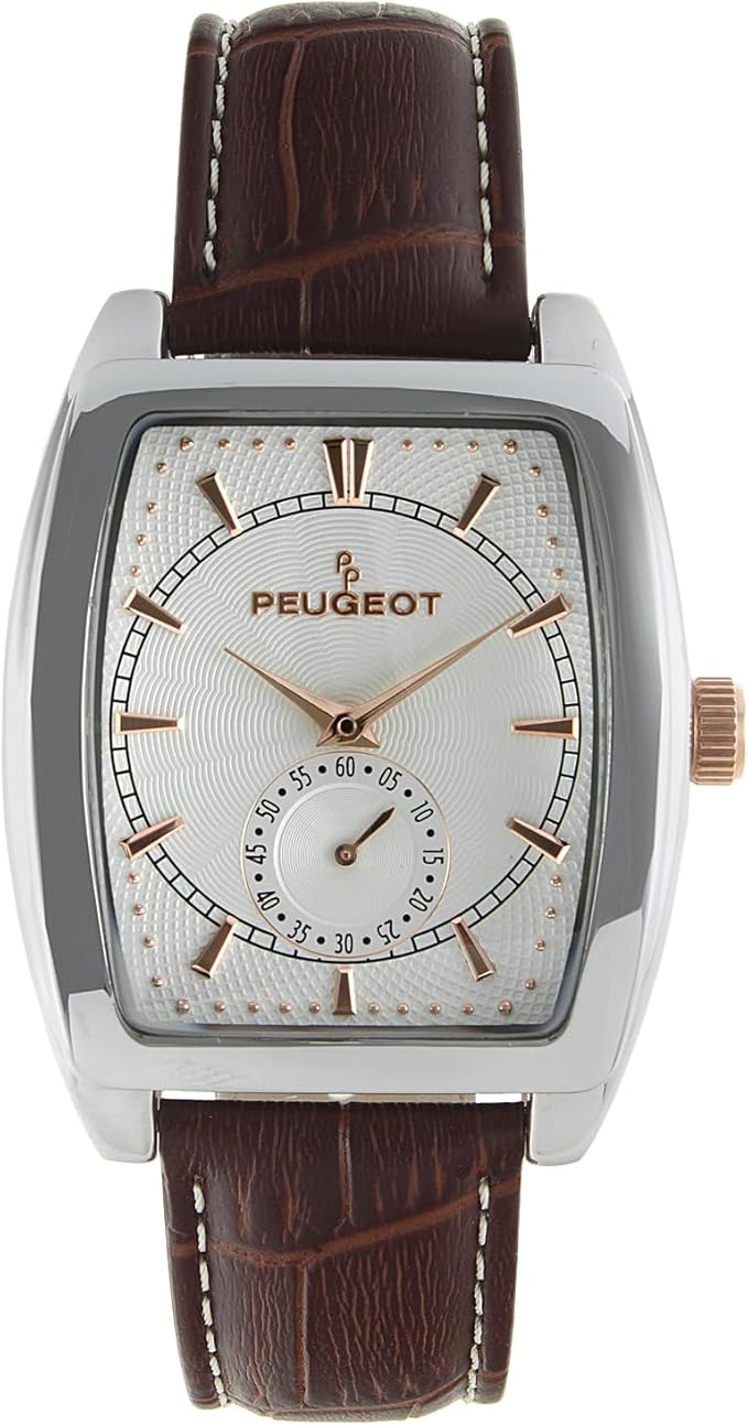 Relógio de pulso masculino retangular com mostrador remoto de segundos e pulseira de couro genuíno de cor correspondente