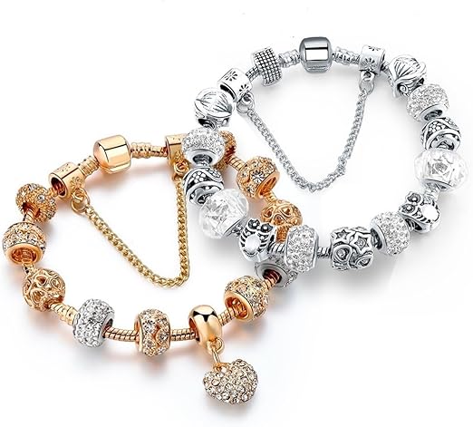 Conjunto Feminino de 2 Pulseiras 20cm com Berloques Cordis - Banhado a Ouro 18K e Prata 925 - Zircônias -Acompanha Bolsa de Veludo