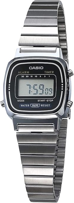 Casio Relógio digital feminino LA670WA-1 com alarme diário, Prata, vestido