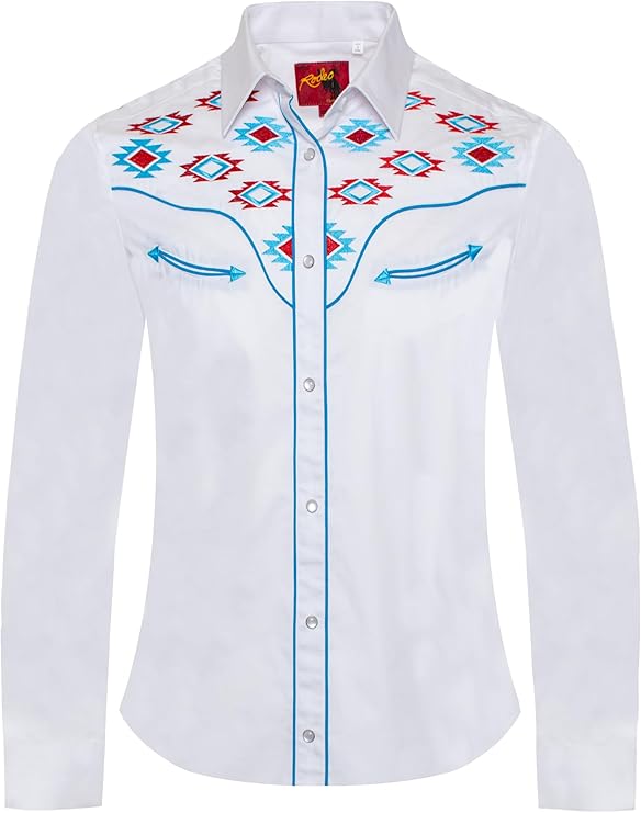 Rodeo Clothing Camisa feminina casual de botão ocidental, bordada, caubói country para mulheres, Branco, G