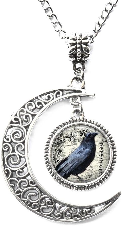 Pingente de corvo de Poe e lua crescente, colar de corvo, joia gótica do Nevermore, pingente literário, joia corvo, Prata