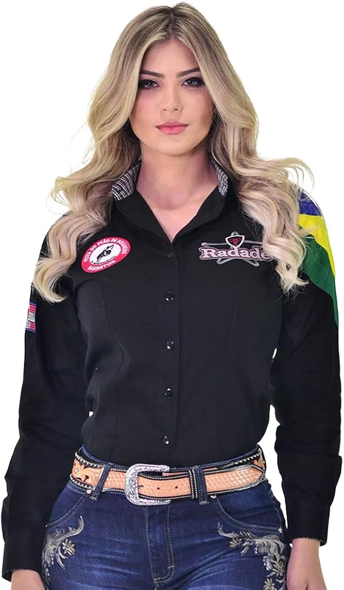 Camisa Feminina Country Radade Manga Longa Rodeio Cowboy Bordada Bandeira 100% Algodão
