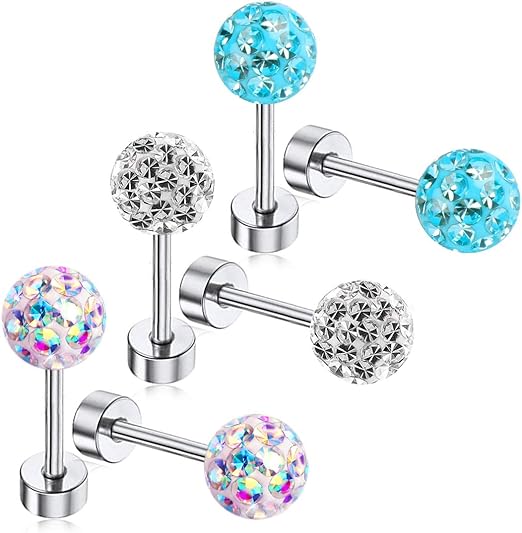 Brincos hipoalergênicos para mulheres, meninas, costas planas, brinco de bola com parafuso de segurança nas costas de aço inoxidável Tragus conjunto de brincos ZHIYAOR