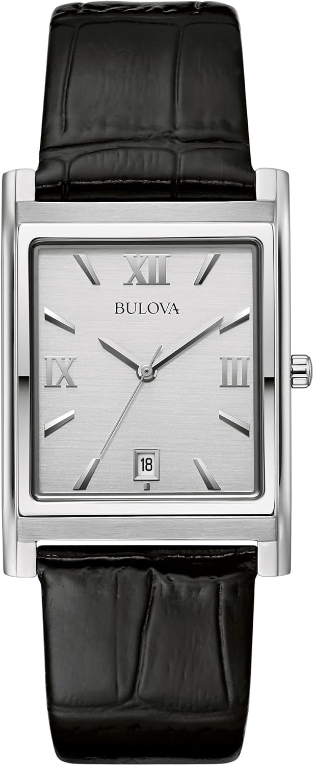 Relógio masculino de aço inoxidável com 3 ponteiros e data de quartzo com pulseira de couro preto, mostrador retangular: 96B107, Prata, Pulseira de aço inoxidável prateada de quartzo clássico