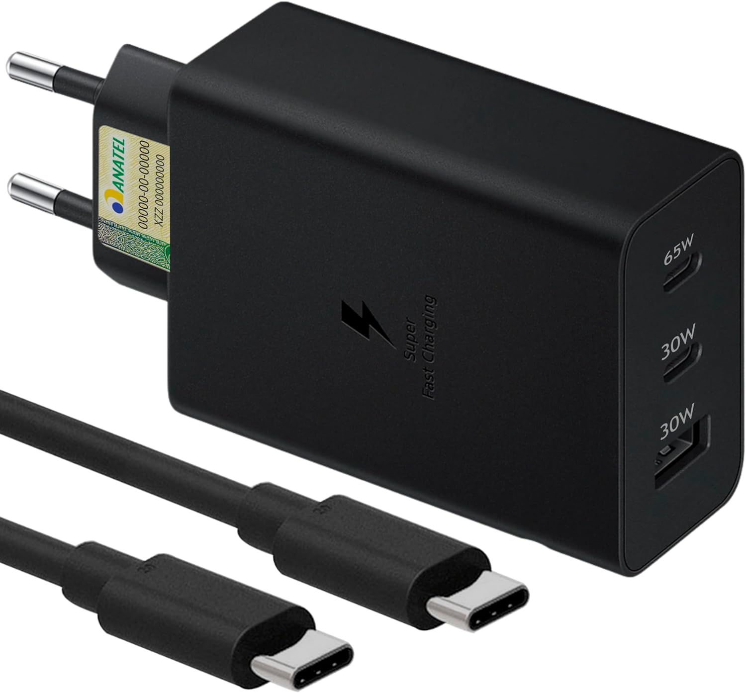 Carregador Super Turbo 125W com Três Portas: Tipo-C 65W + Tipo-C 30W + USB-A 30W. Compatível com iPhones, Motorola, Xiaomi, Samsung e mais. Cabo USB-C. Ultra rápido Premium