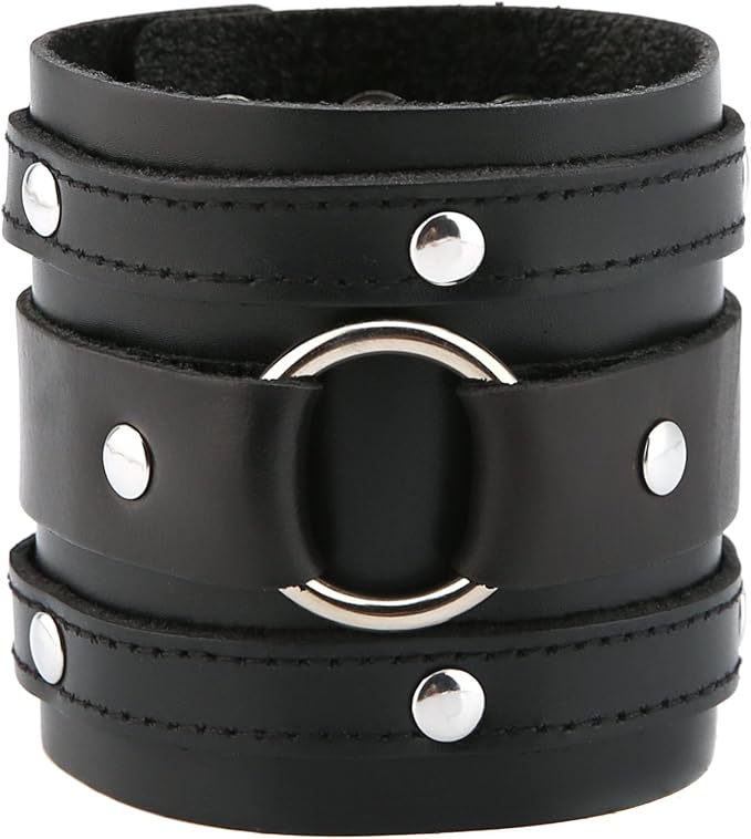 Pulseira gótica de couro com alça larga para motociclista punk rock