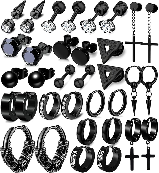 17 pares de brincos para homens, brincos de aço inoxidável para homens pele sensível, brincos pretos moda piercing joias cruz pingente kit brincos de argola hipoalergênicos brincos de brilho de longa duração, Aço inoxidável, Zircônia cúbica