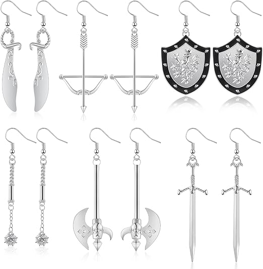 6 pares de brincos góticos, joias góticas, renascentistas, medievais, brincos de espada, brincos de vampiro, góticos, crânio, machado, adaga gótica, brincos para mulheres e meninas, 6 estilos, Metal Strass, Pedra dourada