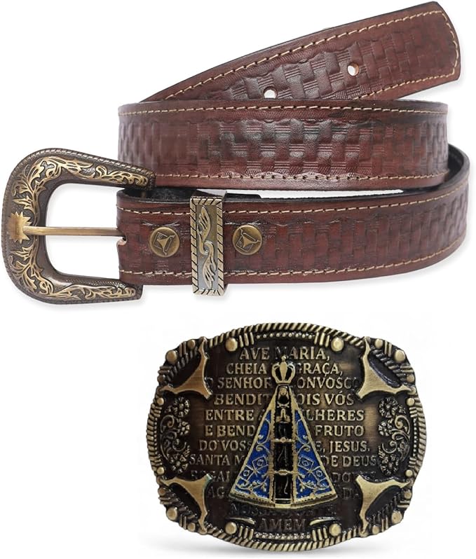 Kit Cinto Country Entalhado + Fivela Cowboy Nossa Senhora Oração Ave Maria