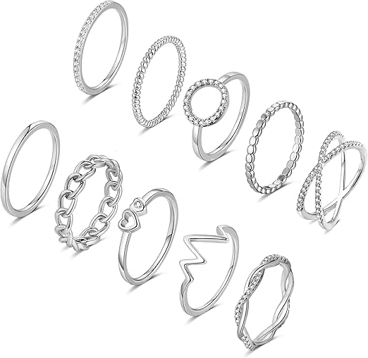 10 peças anéis banhados a ouro 14 k para mulheres conjunto de anéis de articulação empilhável de prata bonito delicado pacote de anéis para meninas adolescentes coração simples zircônia casamento promessa eternidade anéis tamanho 5-9