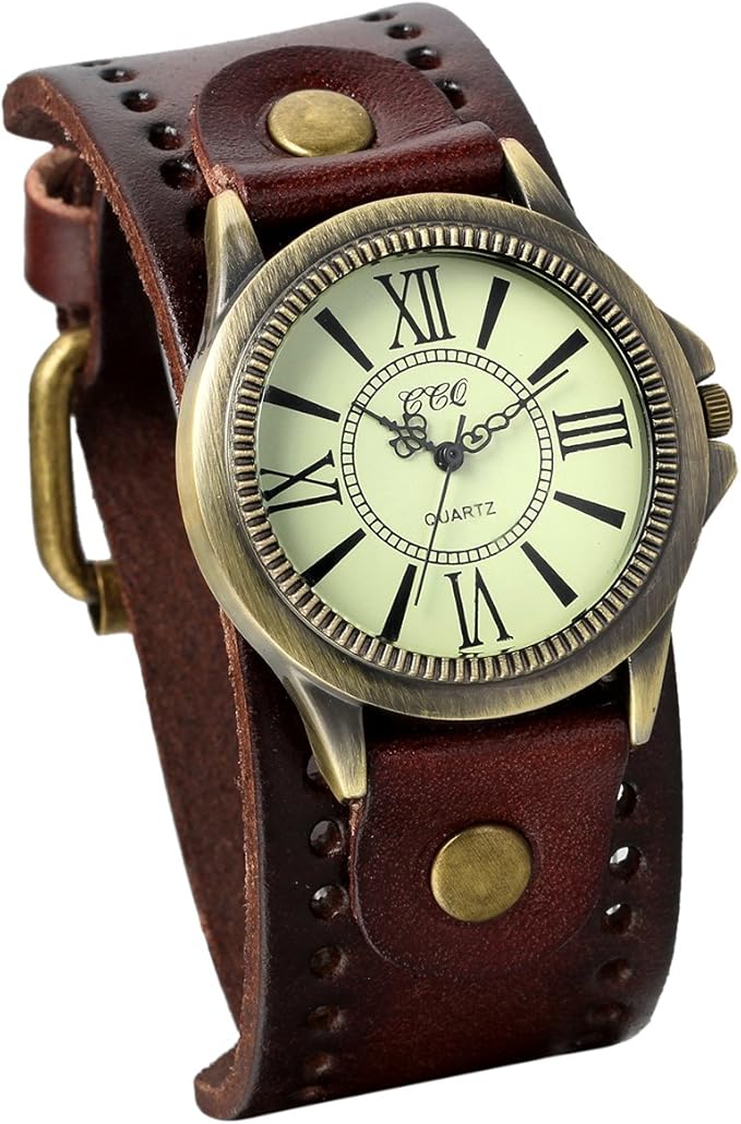 Pulseira de couro com alça larga e punho de quartzo para homens para Natal, Marrom