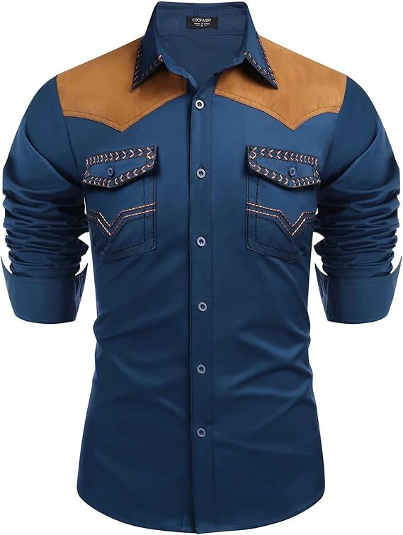 Camisa masculina caubói ocidental bordada manga longa casual algodão abotoada com bolsos