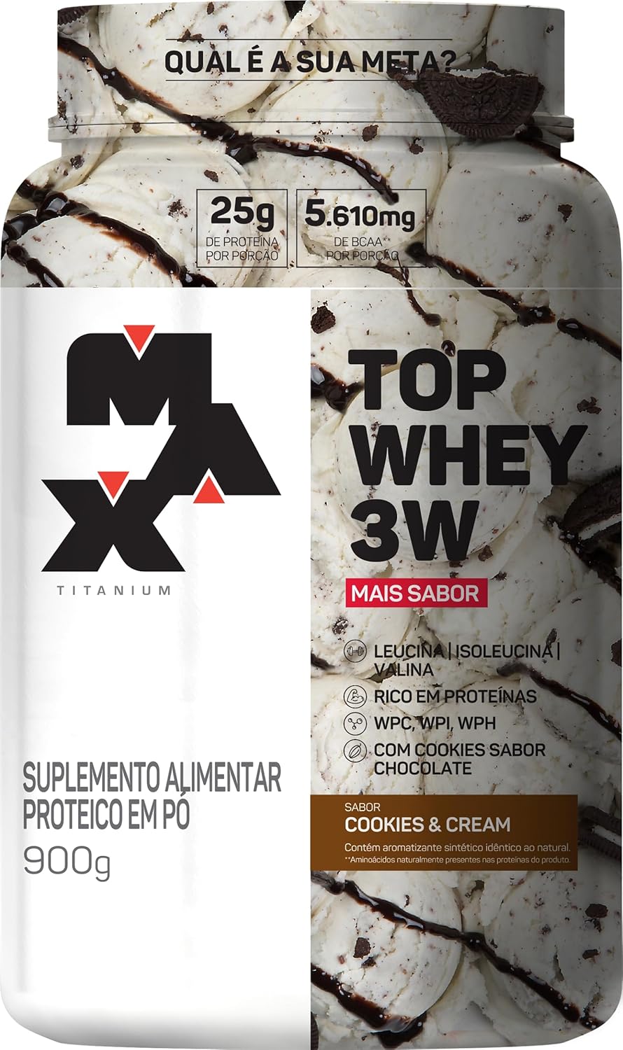 Max Titanium Top Whey 3W (900G) - Sabor Mais Sabor - Cookies & Cream