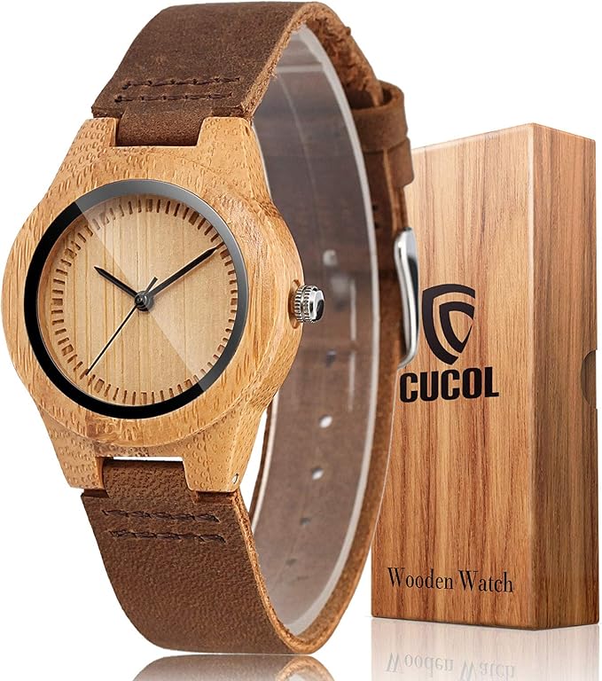 Relógio de pulso feminino de madeira de bambu marrom genuíno com pulseira de couro bovino com caixa de presente
