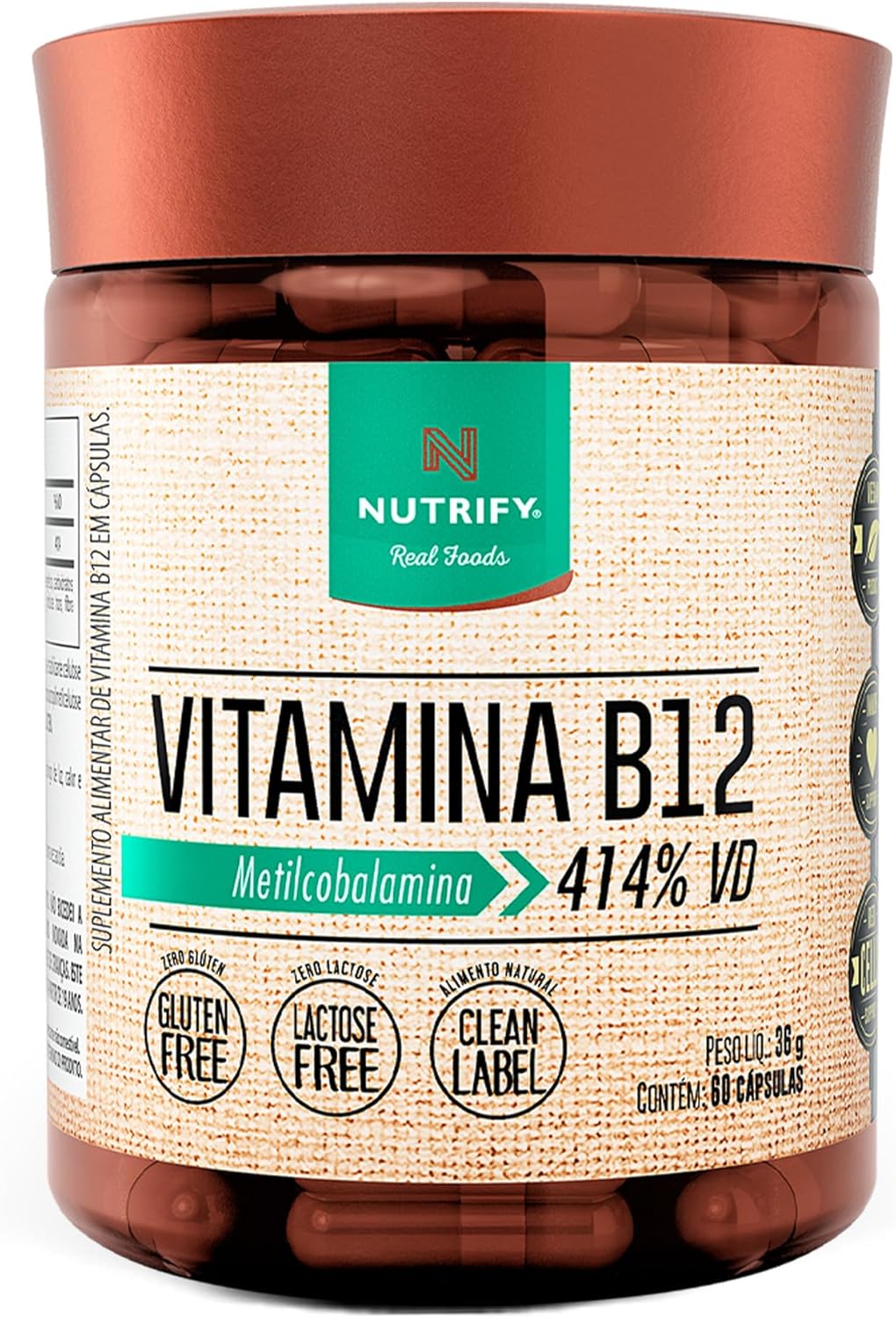 Vitamina B12 - Metilcobalamina 414% VD - Multivitamínico - Suplemento Alimentar para o Metabolismo Energético - Vegano e Livre de Aditivos Artificiais - 60 Cápsulas