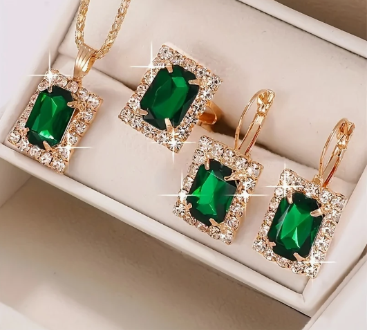 Conjunto de Joias Luxuosas de 4 Peças Quadradas para Mulheres - Aço Inoxidável com Pedra de Nascimento Sintética de Maio, Perfeito para Vestuário Casual & Presente