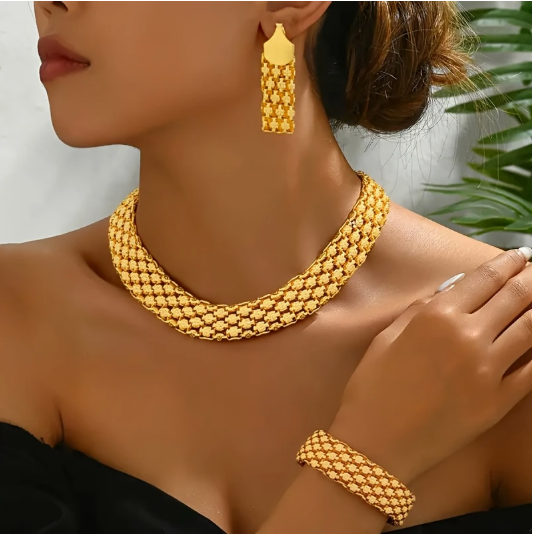 Novo Conjunto de Joias Femininas com Design de Flor de Ameixeira - Pulseira + Colar e Brincos em 3 Peças, Disponível em 3 Cores para Trajes Casuais, Perfeito para Festas, Dia dos Namorados, Natal, Ramadã, Presente Diário para Esposa, Família, Namorada, Ideal para o Natal