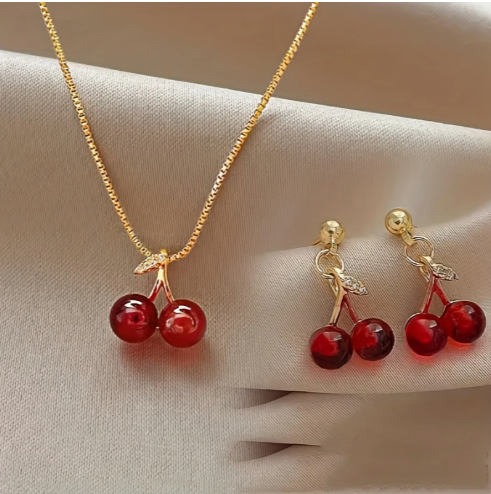 Conjunto de Joias Feminino 3 Peças - Colar e Brincos com Pingente de Cereja para um Visual Casual